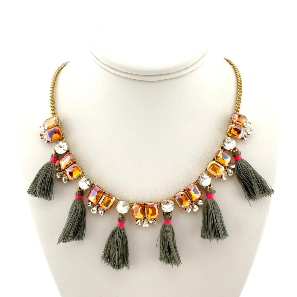 J. Crew Gold Necklace with Peach Rhinestones and Gray Tassels
